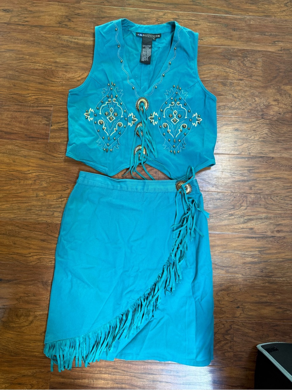 Collection B Turquoise Embellished Vest & Fringe Wrap Skirt Set